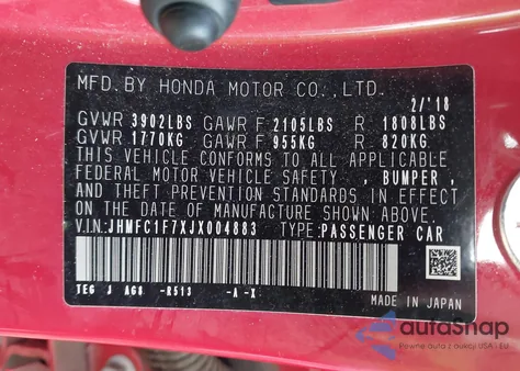 2018 Honda Civic Ex-L z USA, uszkodzony, nr VIN JHMFC1F7XJX004883